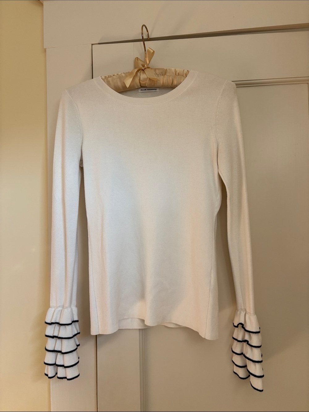 Club Monaco White Long-Sleeve Top with Black-Trim Ruffle Cuffs